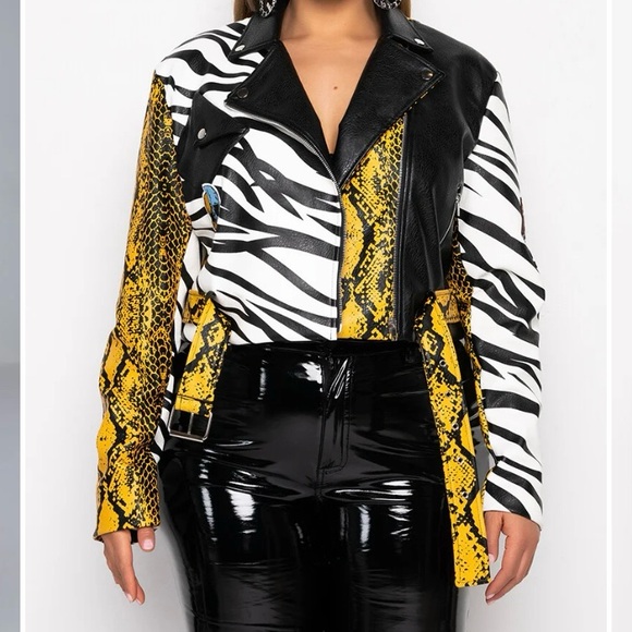 AZALEA WANG Sz XL MISUNDERSTOOD Colorful SKULL SNAKE ZEBRA CROP MOTO JACKET